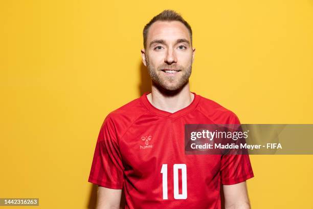 Christian Eriksen of Denmark poses during the official FIFA World Cup Qatar 2022 portrait session on November 17, 2022 in Doha, Qatar.