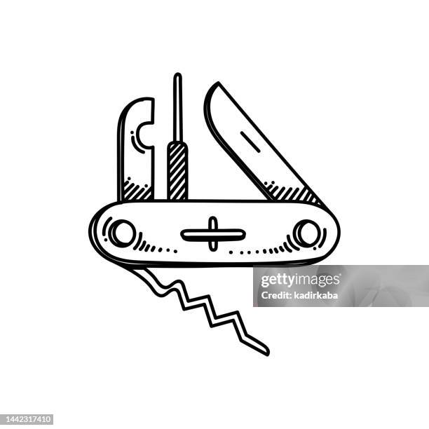 illustrazioni stock, clip art, cartoni animati e icone di tendenza di icona linea coltellino militare, disegno schizzo, pixel perfetto, tratto modificabile. coltello, campeggio. - coltellino svizzero