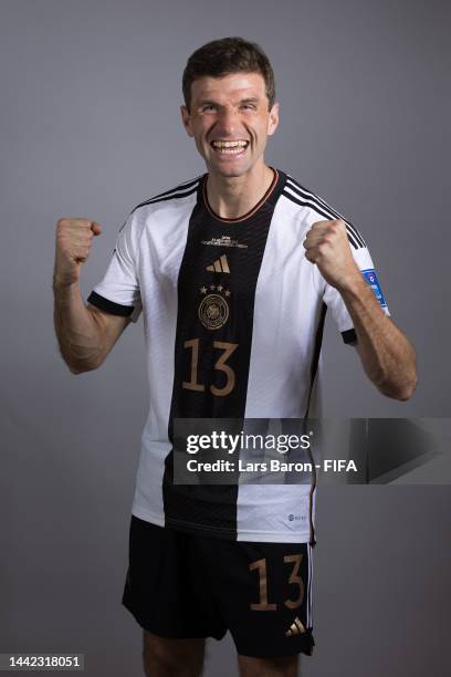 Thomas Mueller of Germany poses during the official FIFA World Cup Qatar 2022 portrait session on November 17, 2022 in Doha, Qatar.