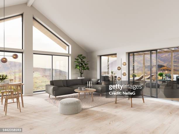 modern interior with a large terrace - wood floor stockfoto's en -beelden