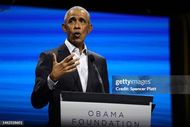Former U.S. President Barack Obama speaks at a Democracy Forum event held by the Obama Foundation at the Javits Center on November 17, 2022 in New...