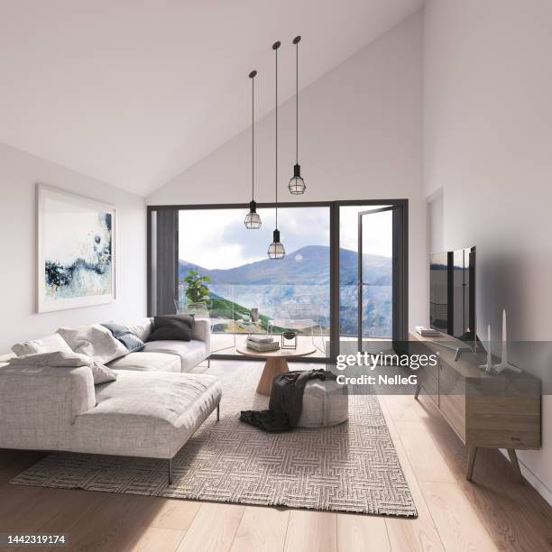 modern attic interior - balcony view stockfoto's en -beelden