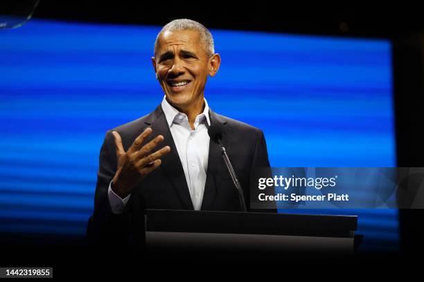 Former U.S. President Barack Obama speaks at a Democracy Forum event held by the Obama Foundation at the Javits Center on November 17, 2022 in New...