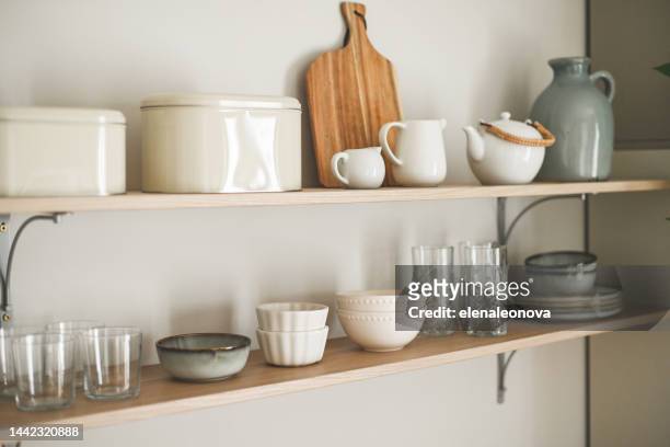 interior of home kitchen and kitchen utensils - continental_shelf stock pictures, royalty-free photos & images