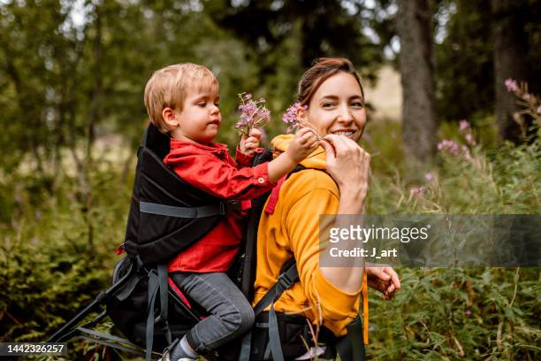 hiking together and picking flowers - kids hiking stock pictures, royalty-free photos & images