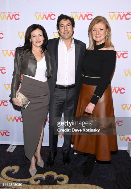 Tom Bernthal, Sheryl Sandberg and Arianna Huffington attend the WMC 2022 Women's Media Awards at Mandarin Oriental Hotel on November 17, 2022 in New...