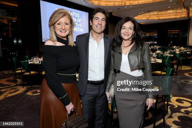 Arianna Huffington, Tom Bernthal, and Sheryl Sandberg attend the WMC 2022 Women's Media Awards at Mandarin Oriental Hotel on November 17, 2022 in New...