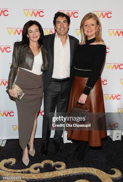 Sheryl Sandberg, Tom Bernthal and Arianna Huffington attend the 2022 Women's Media Awards at Mandarin Oriental Hotel on November 17, 2022 in New York...