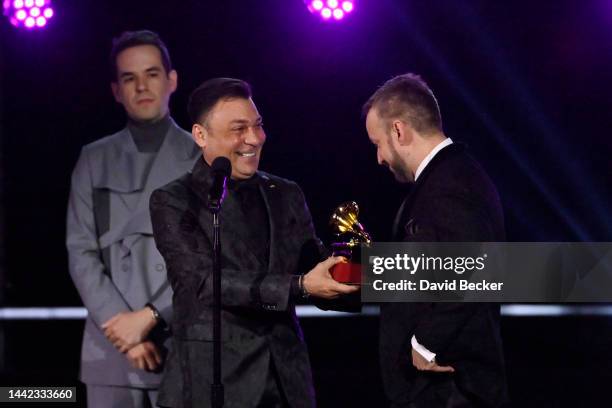 Jean Carlos Centeno and Ronal Urbina accept the Best Cumbia/Vallenato award for "Feliz Aniversario" onstage during the Premiere Ceremony for The 23rd...