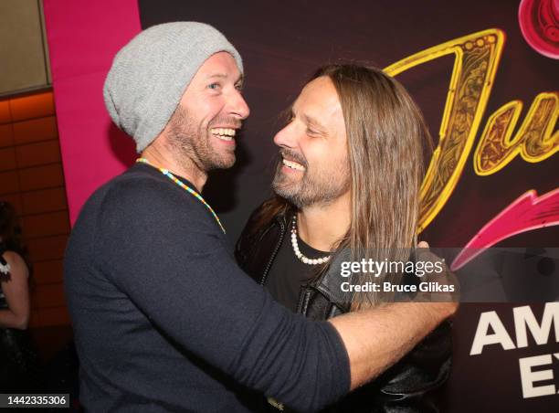 Chris Martin and Composer Max Martin pose at the opening night of the new musical "& Juliet" on Broadway at The Stephen Sondheim Theatre on November...