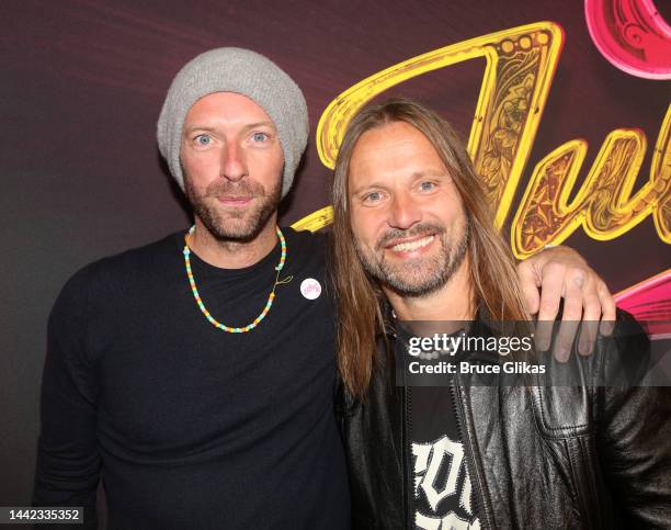 Chris Martin and Composer Max Martin pose at the opening night of the new musical "& Juliet" on Broadway at The Stephen Sondheim Theatre on November...