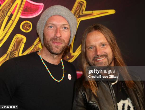 Chris Martin and Composer Max Martin pose at the opening night of the new musical "& Juliet" on Broadway at The Stephen Sondheim Theatre on November...