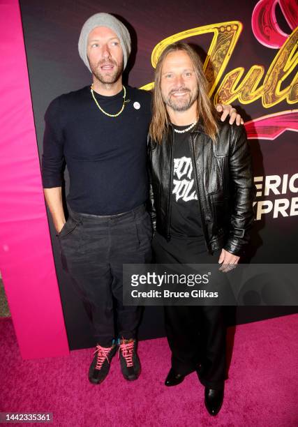 Chris Martin and Composer Max Martin pose at the opening night of the new musical "& Juliet" on Broadway at The Stephen Sondheim Theatre on November...