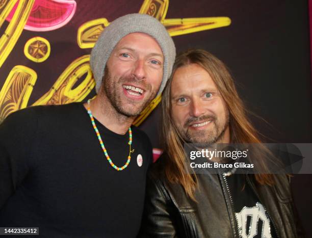 Chris Martin and Composer Max Martin pose at the opening night of the new musical "& Juliet" on Broadway at The Stephen Sondheim Theatre on November...