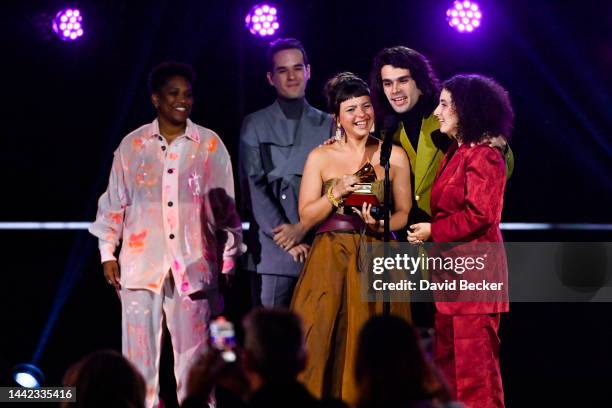 Julia Mestre, Zé Ibarra and Dora Morelenbaum of Bala Desejo accept the award for Contemporary Pop Album in Portuguese Language for their song "Sim...