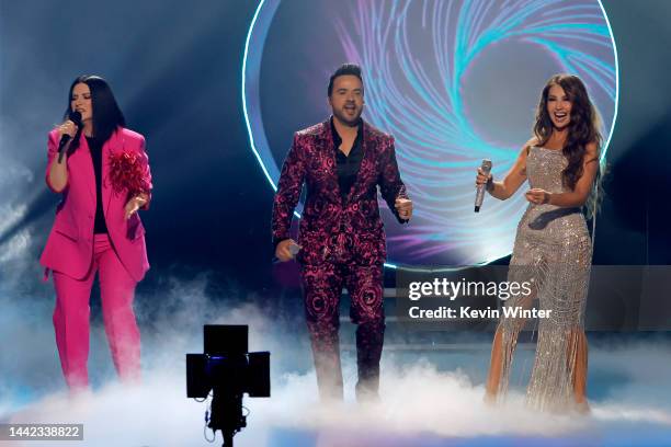 Co-hosts Laura Pausini, Luis Fonsi, and Thalía perform onstage during The 23rd Annual Latin Grammy Awards at Michelob ULTRA Arena on November 17,...