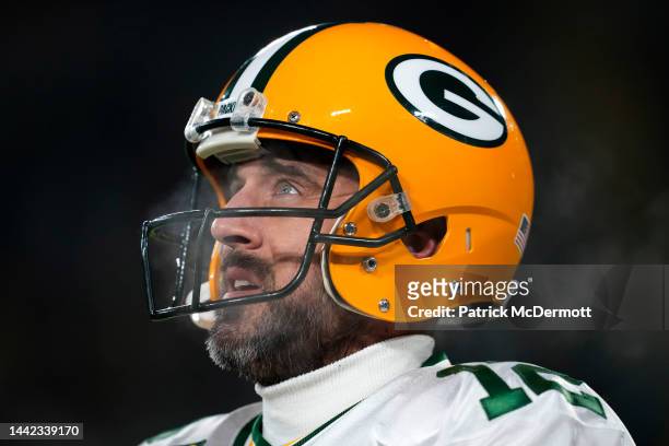 Aaron Rodgers of the Green Bay Packers looks on prior to the game against the Tennessee Titans at Lambeau Field on November 17, 2022 in Green Bay,...