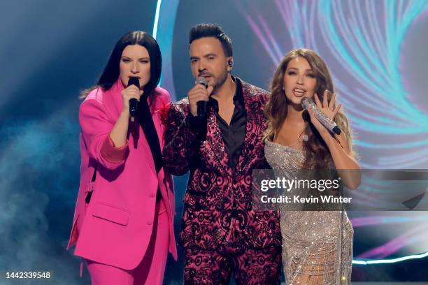 Co-hosts Laura Pausini, Luis Fonsi, and Thalía perform onstage during The 23rd Annual Latin Grammy Awards at Michelob ULTRA Arena on November 17,...