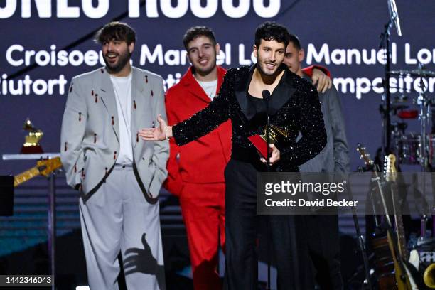Juanjo Monserrat, Manual Lara, Sebastián Yatra and Manuel Lorente accept the Best Pop Song award for "Tacones Rojos" onstage during the Premiere...