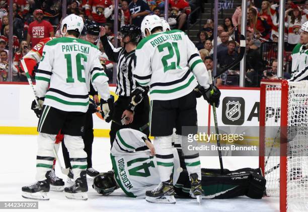 Scott Wedgewood of the Dallas Stars is injured during the second period against the Florida Panthers and had to leave the game on a stretcher at FLA...