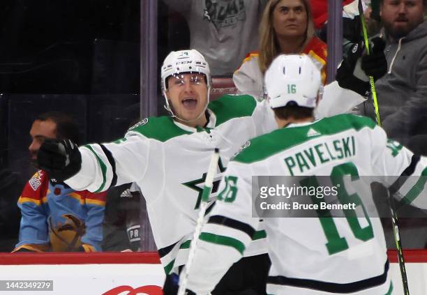 Roope Hintz of the Dallas Stars celebrates his second goal of the game during the second period against the Florida Panthers at FLA Live Arena on...
