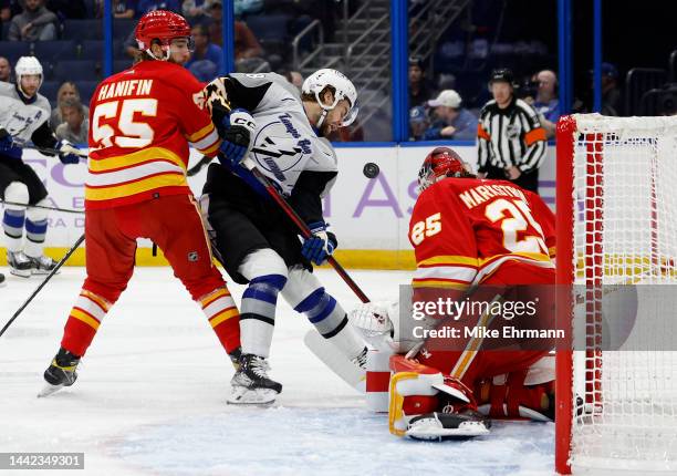 Jacob Markstrom of the Calgary Flames stops a shot from Brandon Hagel of the Tampa Bay Lightning during a game at Amalie Arena on November 17, 2022...