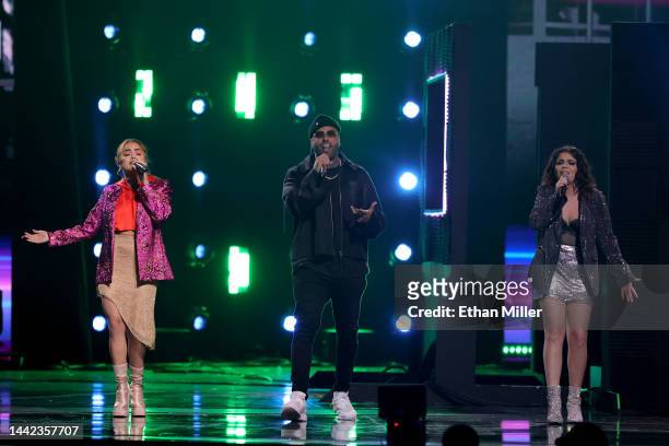 Nicky Jam and participants of the Cultural Foundation perform onstage during the 23rd Annual Latin GRAMMY Awards at Michelob ULTRA Arena on November...