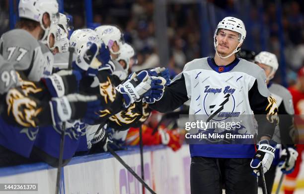 Philippe Myers of the Tampa Bay Lightning celebrates a goal during a game against the Calgary Flames at Amalie Arena on November 17, 2022 in Tampa,...