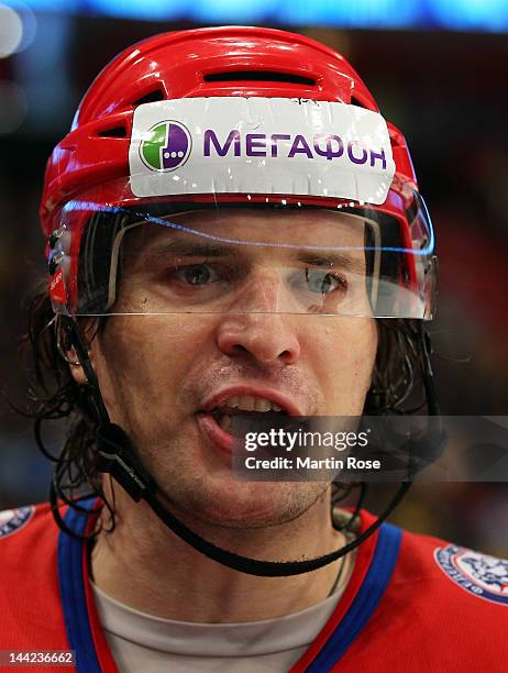 Alexander Svitov of Russia reacts during the IIHF World Championship group S match between Russia and Sweden at Ericsson Globe on May 11, 2012 in...