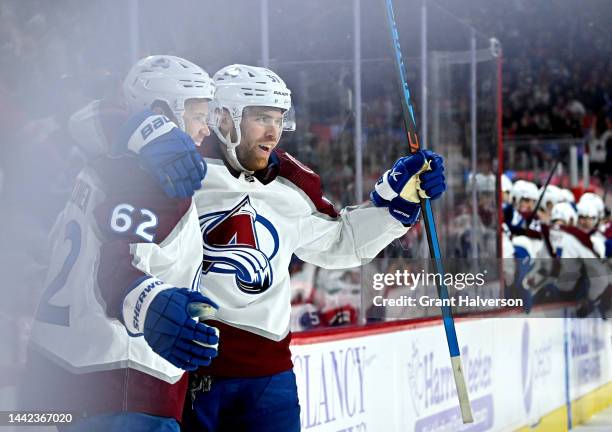 Artturi Lehkonen of the Colorado Avalanche celebrates after scoring the game-winning goal in overtime against the Carolina Hurricanes during their...
