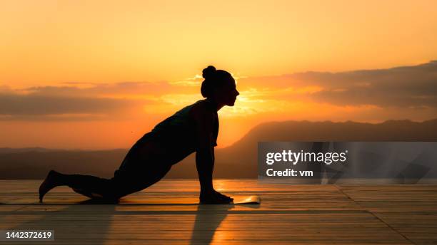 silhouette de femme pratiquant la pose de yoga lézard, exercice d’ouverture de la hanche, vue de côté - beautiful hips photos et images de collection