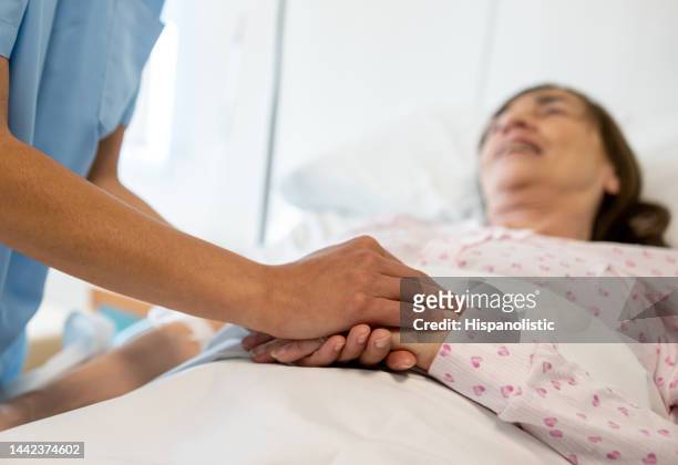 nahaufnahme einer krankenschwester, die die hand einer kranken frau im bett des krankenhauses hält - hospiz stock-fotos und bilder