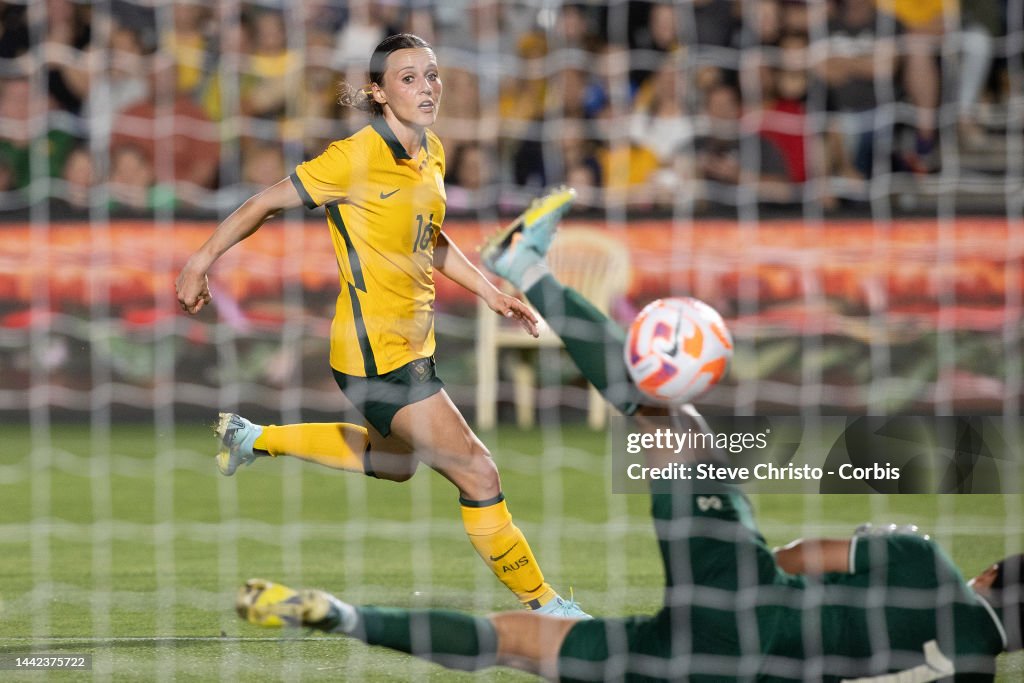 Hayley Rasa Hayley Raso of Australia takes a shot at goal during the... News Photo ...