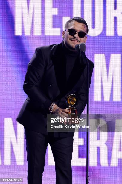 Christian Nodal accepts the Best Ranchero/Mariachi Album award for "EP 1# Forajido" onstage during The 23rd Annual Latin Grammy Awards at Michelob...