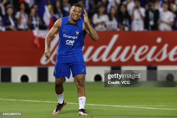 Kylian Mbappe of France attends a training session at Al Sadd SC Stadium on November 17, 2022 in Doha, Qatar.