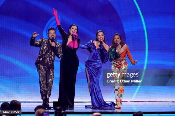 Luis Fonsi, Laura Pausini, Thalía, and Anitta speak onstage during the 23rd Annual Latin GRAMMY Awards at Michelob ULTRA Arena on November 17, 2022...