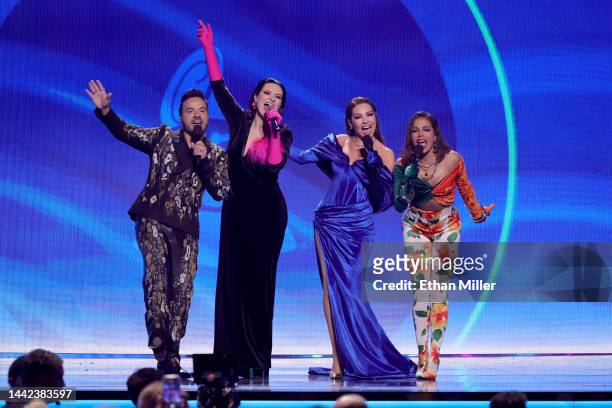 Luis Fonsi, Laura Pausini, Thalía, and Anitta speak onstage during the 23rd Annual Latin GRAMMY Awards at Michelob ULTRA Arena on November 17, 2022...