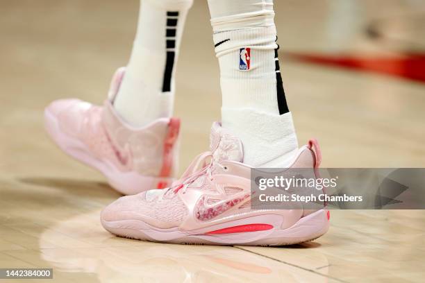 The shoes of Kevin Durant of the Brooklyn Nets are seen during the second quarter against the Portland Trail Blazers at Moda Center on November 17,...