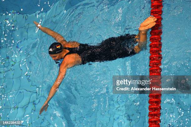 Britta Steffen looks on after her women's 200 m freestyle head during day three of the German Swimming Championships 2012 at the Eurosportpark on May...
