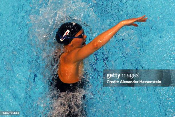 Britta Steffen competes in the women's 200 m freestyle head during day three of the German Swimming Championships 2012 at the Eurosportpark on May...