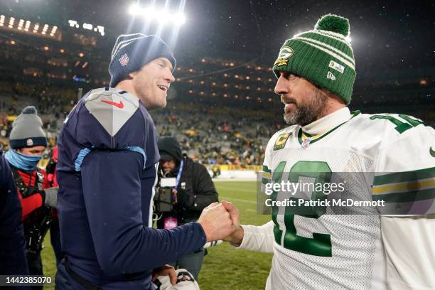 Ryan Tannehill of the Tennessee Titans shakes hands with Aaron Rodgers of the Green Bay Packers after the game at Lambeau Field on November 17, 2022...