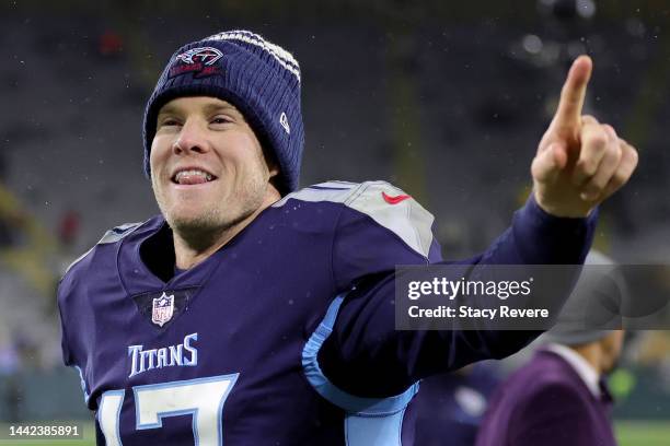 Ryan Tannehill of the Tennessee Titans celebrates after defeating the Green Bay Packers in the game at Lambeau Field on November 17, 2022 in Green...