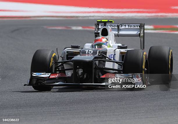 Sauber's Mexican driver Sergio Perez drives at the Circuit de Catalunya on May 12, 2012 in Montmelo on the outskirts of Barcelona during the third...