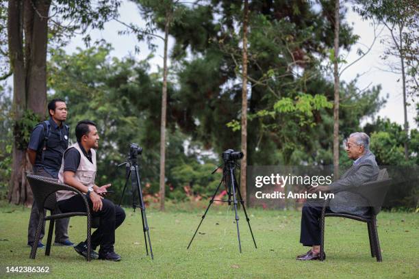 Former Malaysia Prime Minister and founder of the Gerakan Tanah Air coalition Mahathir Mohamad speaks during an interview on November 14, 2022 in...