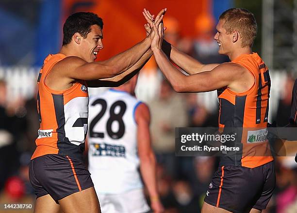 Dylan Shiel and Adam Treloar of the Giants celebrate a goal during the round seven AFL match between the Greater Western Sydney Giants and the Gold...