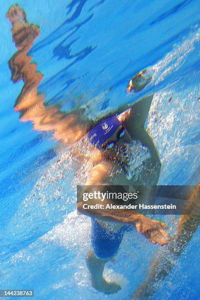 Paul Biedermann competes in the men's 400 m freestyle heads during day three of the German Swimming Championships 2012 at the Eurosportpark on May...