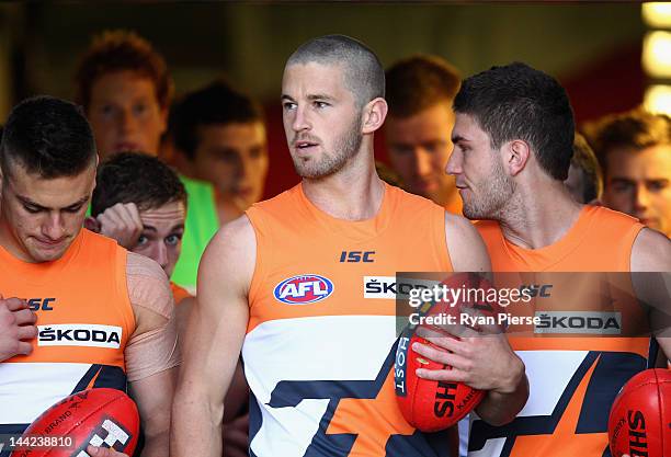 Callan Ward of the Giants leads his team out during the round seven AFL match between the Greater Western Sydney Giants and the Gold Coast Suns at...