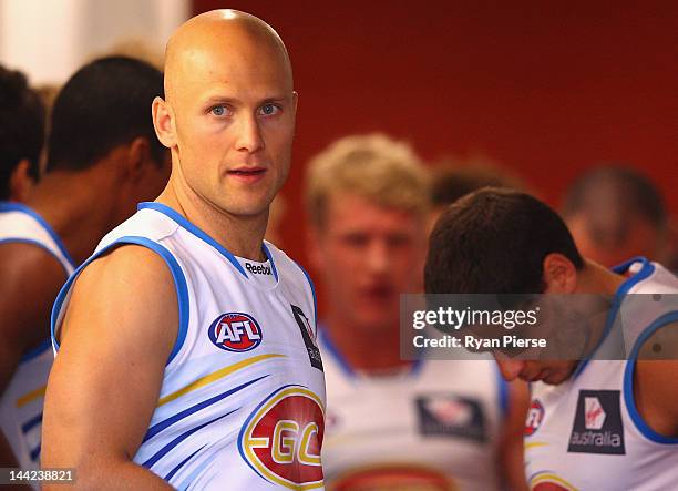 Gary Ablett of the Suns leads his team out before the round seven AFL match between the Greater Western Sydney Giants and the Gold Coast Suns at...