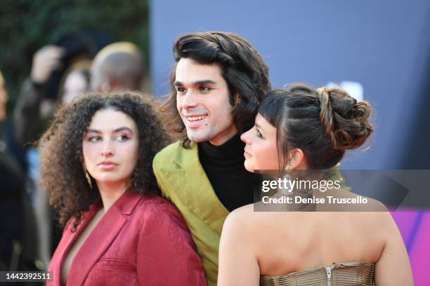 Dora Morelenbaum, Zé Ibarra and Julia Mestre of Bala Desejo attend The 23rd Annual Latin Grammy Awards at Michelob ULTRA Arena on November 17, 2022...