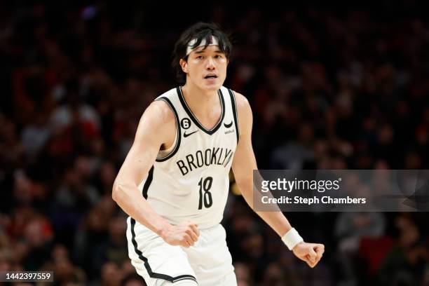Yuta Watanabe of the Brooklyn Nets reacts after a basket against the Portland Trail Blazers during the third quarter at Moda Center on November 17,...